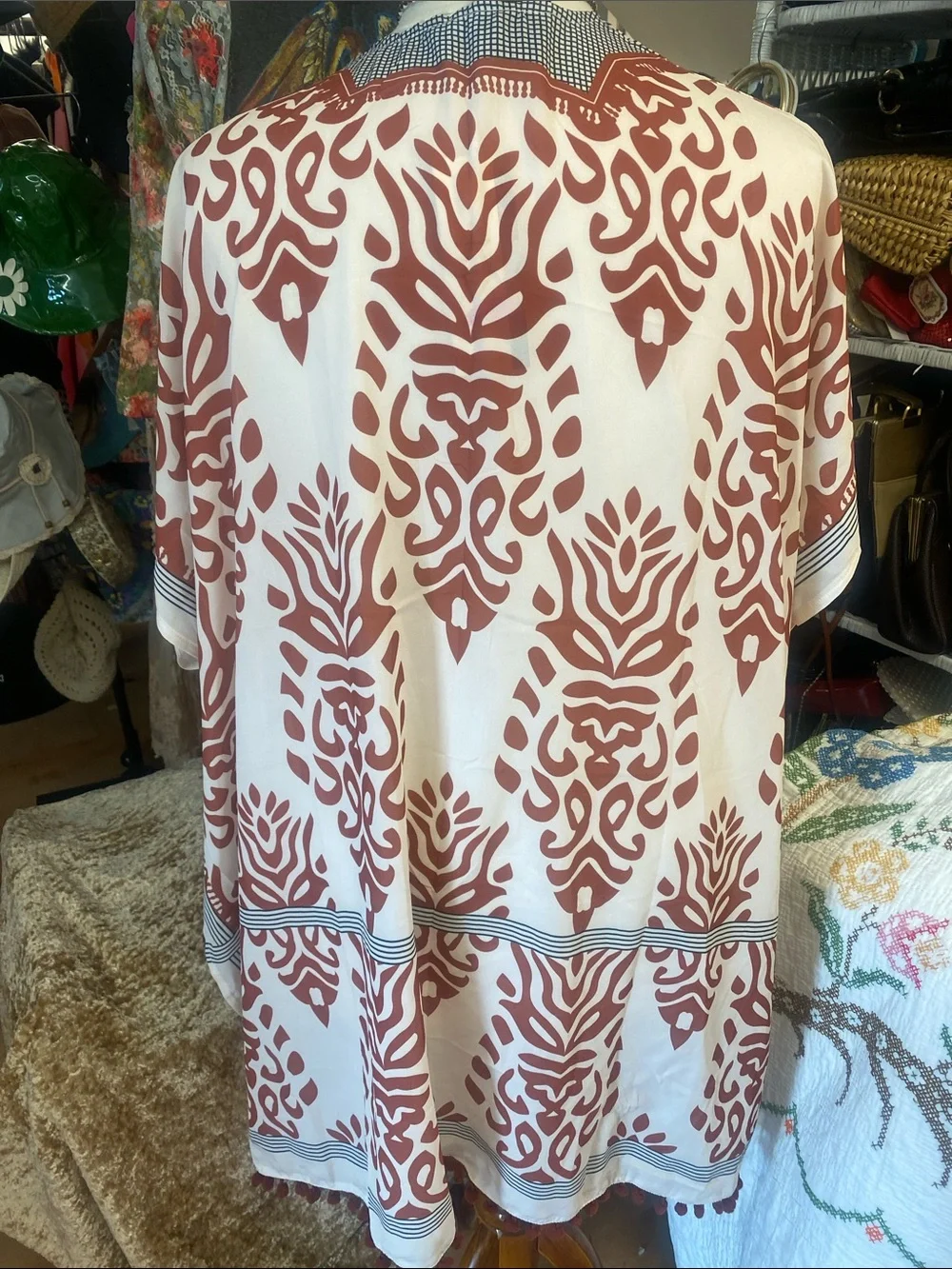 Flowy White and Terracotta Patterned Kimono Cardigan